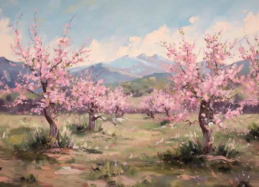 Pink Tree Mountain Scene